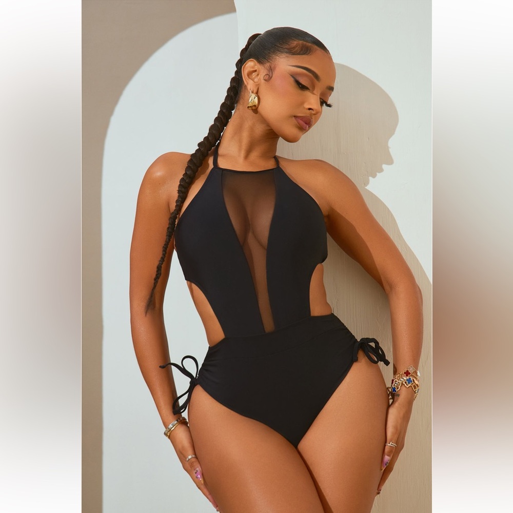 NWT Black sheer one piece swimsuit